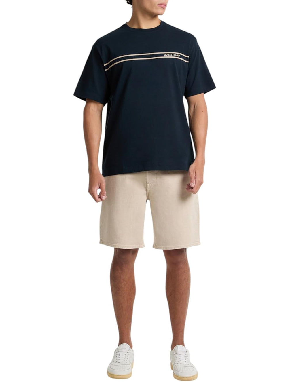 GUESS J U PRE T-shirt regular riga sul petto BLU/B.CO