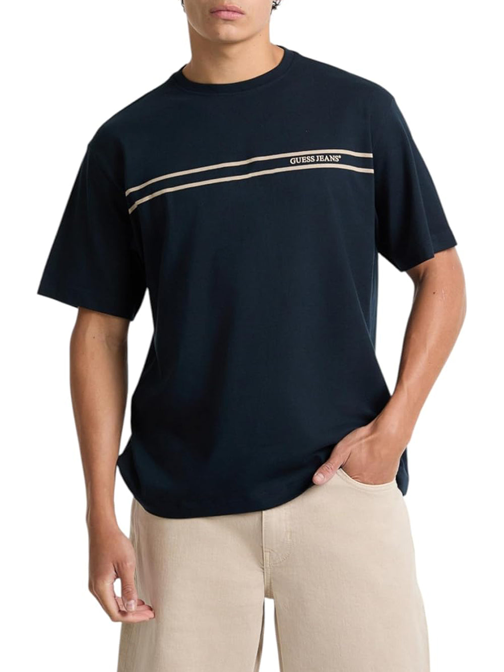 GUESS J U PRE T-shirt regular riga sul petto BLU/B.CO