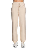 Pantaloni palazzo in maglia con logo strass