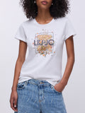 LIU JO WHITE T-shirt stampa fiori e logo strass bianco