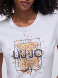 LIU JO WHITE T-shirt stampa fiori e logo strass bianco
