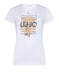 LIU JO WHITE T-shirt stampa fiori e logo strass bianco